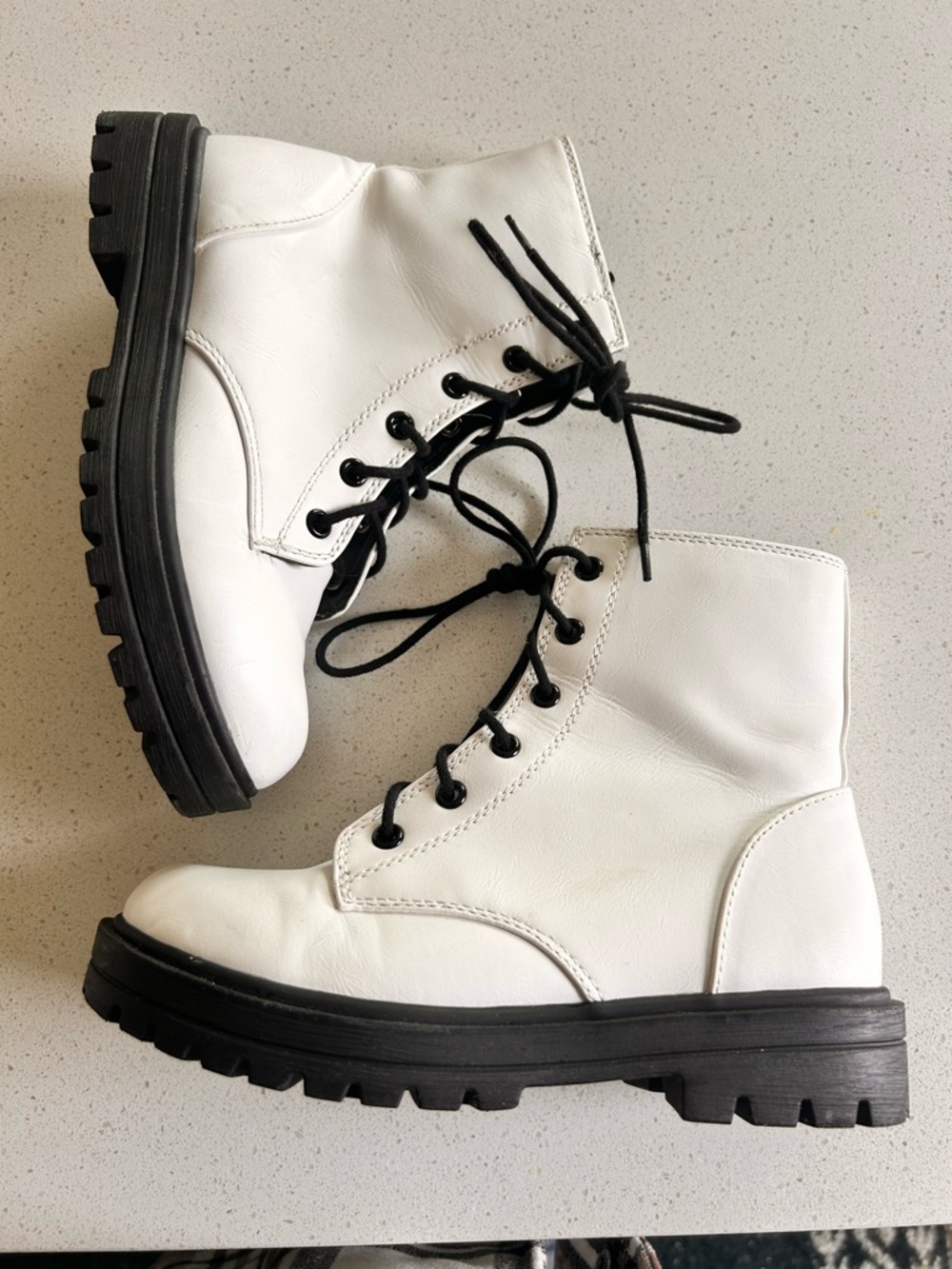 Kids White Lace-Up Combat Boots with Black Sole